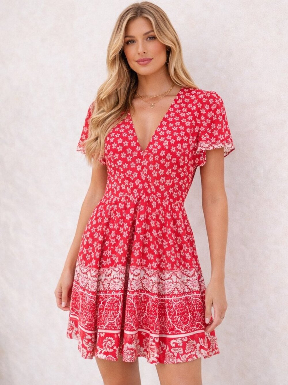 Lovers + Friends Red Floral Mini Dress Puff Sleeve Fit & Flare Summer Boho Chic